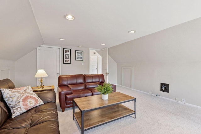 4201 Dupont Ave S, Minneapolis, MN 55409 - living room featuring vaulted ceiling, light carpet, recessed lighting, and baseboards