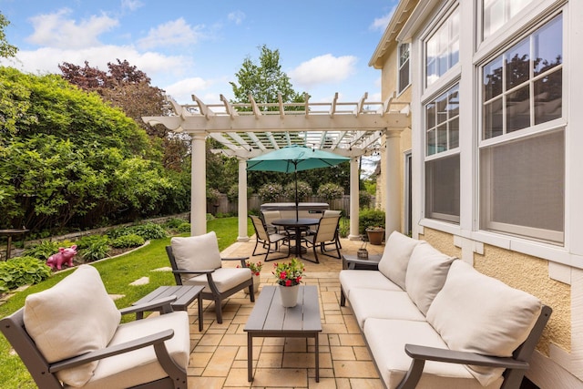4201 Dupont Ave S, Minneapolis, MN 55409 - fenced backyard with outdoor lounge area, outdoor dining space, a pergola, and a patio area