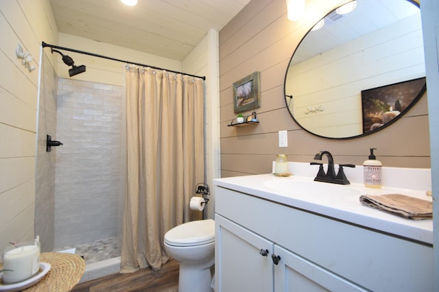 28607 Great Bear Path Way, Danbury, WI 54830 - full bathroom featuring toilet, wood finished floors, vanity, a shower stall, and wood walls