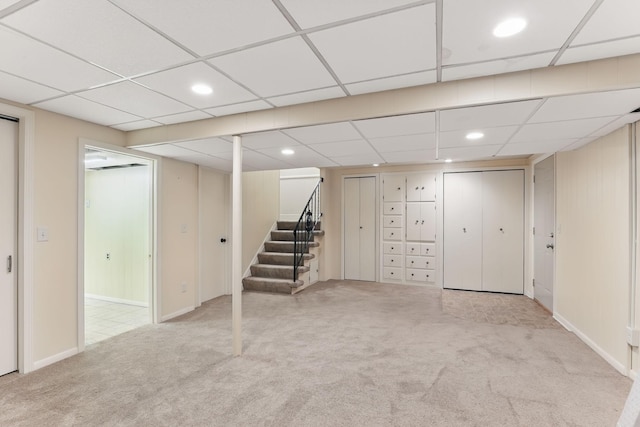 166 Windsor Ln, New Brighton, MN 55112 - finished basement featuring carpet, stairs, recessed lighting, a paneled ceiling, and baseboards