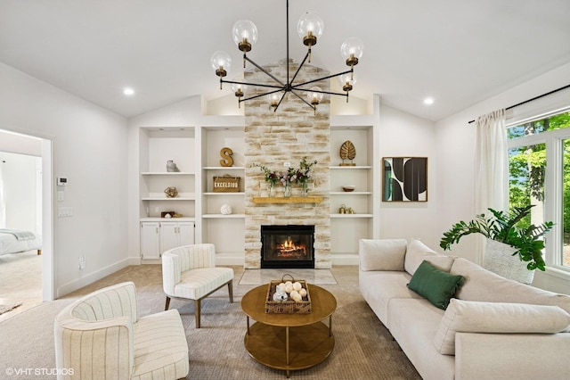 820 Vineland Ct, Chanhassen, MN 55317 - living room with vaulted ceiling, a chandelier, light colored carpet, built in features, and a stone fireplace