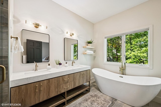 820 Vineland Ct, Chanhassen, MN 55317 - bathroom with double vanity, a freestanding bath, and a stall shower