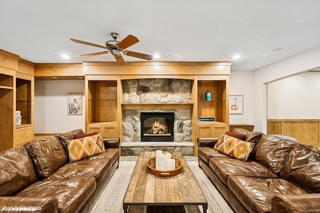 820 Vineland Ct, Chanhassen, MN 55317 - living area with a ceiling fan, a stone fireplace, and recessed lighting