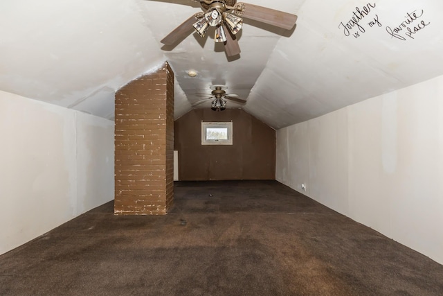additional living space with carpet, vaulted ceiling, and ceiling fan