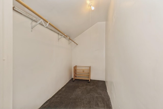 walk in closet with dark carpet and lofted ceiling