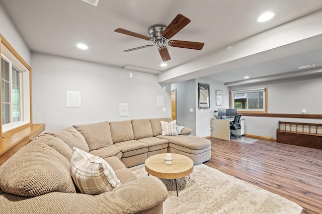 10751 Kumquat St NW, Coon Rapids, MN 55448 - living room with wood finished floors, an office area, recessed lighting, and a ceiling fan