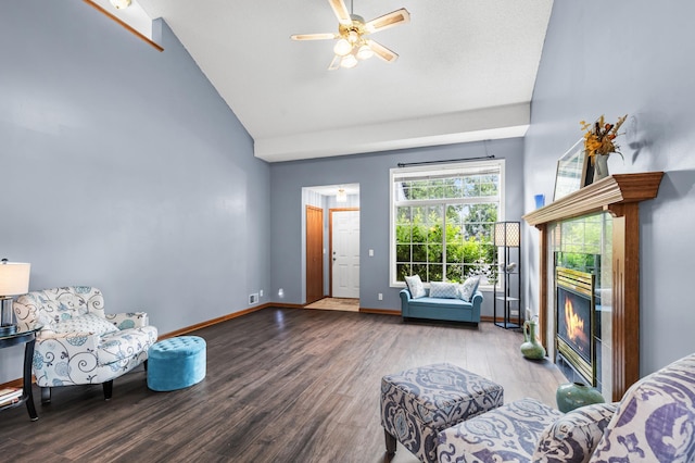 7954 Timber Lake Dr, Eden Prairie, MN 55347 - living area featuring wood finished floors, high vaulted ceiling, and ceiling fan