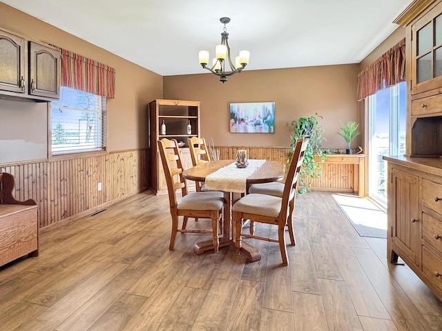 2216 County Road 15, Russell, MN 56169 - dining area with wainscoting, healthy amount of natural light, a chandelier, light wood-style floors, and wooden walls