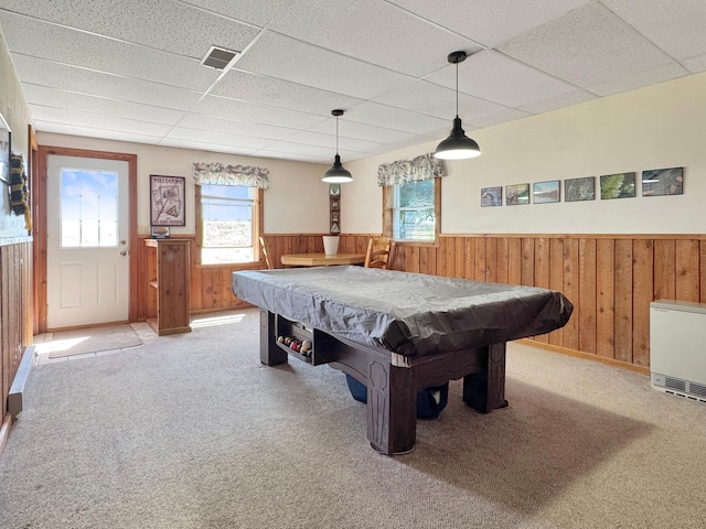 2216 County Road 15, Russell, MN 56169 - rec room featuring wainscoting, a drop ceiling, pool table, wood walls, and light carpet