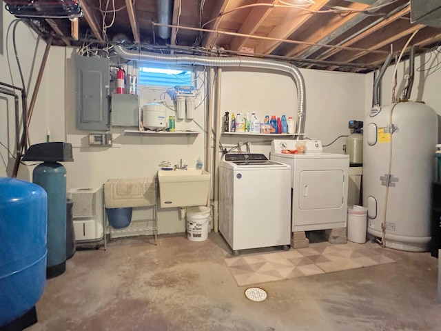 2216 County Road 15, Russell, MN 56169 - below grade area featuring washer and clothes dryer, electric panel, a water pressure tank, a sink, and water heater