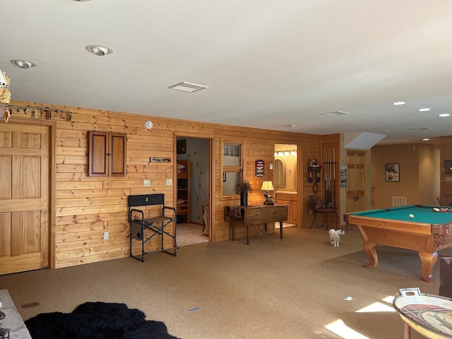 10115 Island Lake Rd, Solon Springs, WI 54873 - rec room featuring carpet, wooden walls, pool table, and recessed lighting