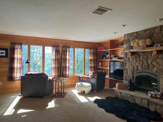 10115 Island Lake Rd, Solon Springs, WI 54873 - carpeted living room with wooden walls, a textured ceiling, and a fireplace