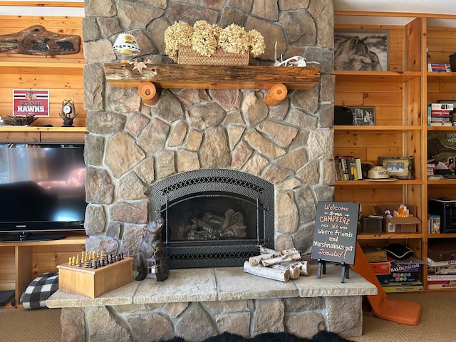 10115 Island Lake Rd, Solon Springs, WI 54873 - detailed view of carpet flooring and a stone fireplace