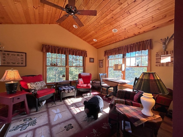 10115 Island Lake Rd, Solon Springs, WI 54873 - living area featuring lofted ceiling, plenty of natural light, wood ceiling, and ceiling fan