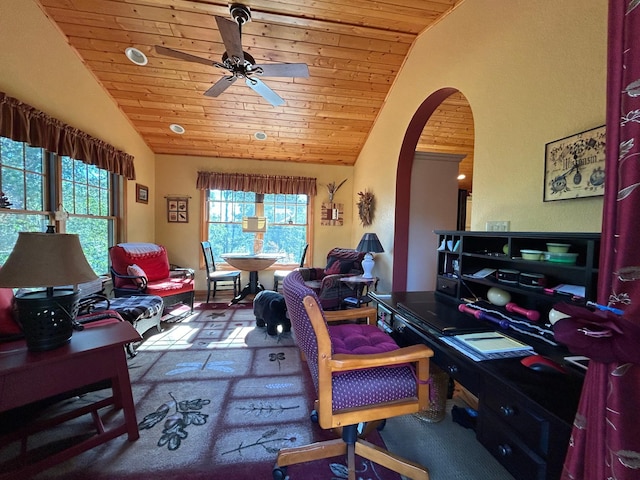 10115 Island Lake Rd, Solon Springs, WI 54873 - home office featuring lofted ceiling, wooden ceiling, arched walkways, ceiling fan, and carpet floors