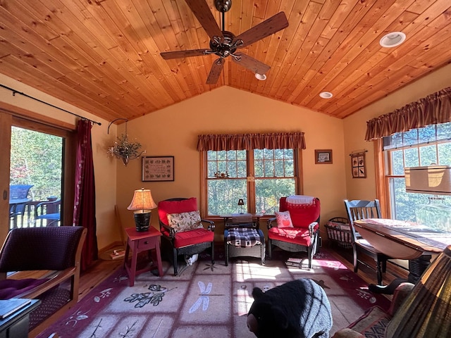 10115 Island Lake Rd, Solon Springs, WI 54873 - sitting room featuring vaulted ceiling, healthy amount of natural light, wooden ceiling, and a ceiling fan