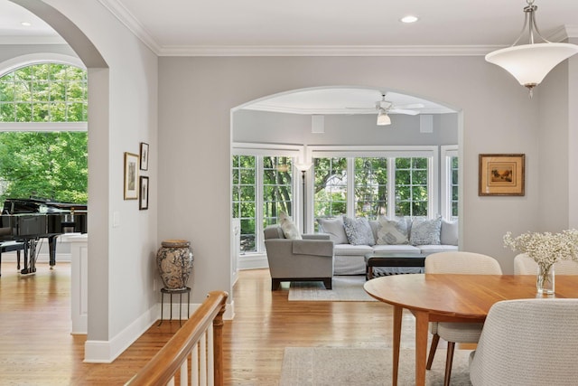 490 Old Long Lake Rd, Orono, MN 55391 - living room with arched walkways, light wood-type flooring, a ceiling fan, crown molding, and recessed lighting