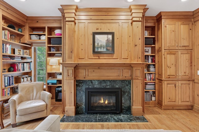 490 Old Long Lake Rd, Orono, MN 55391 - living area with wood finished floors, a premium fireplace, built in features, and recessed lighting