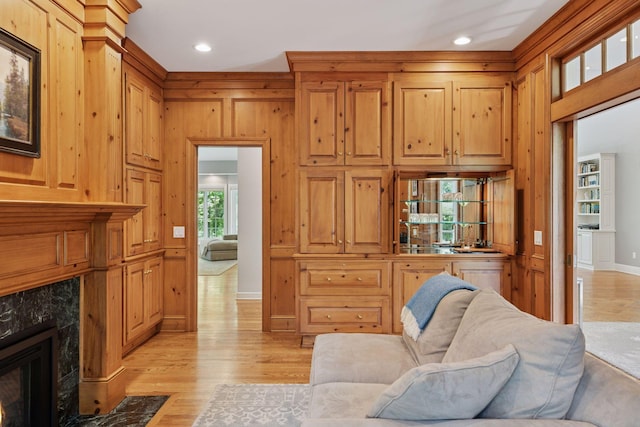 490 Old Long Lake Rd, Orono, MN 55391 - living area featuring light wood-style floors, baseboards, a premium fireplace, and recessed lighting