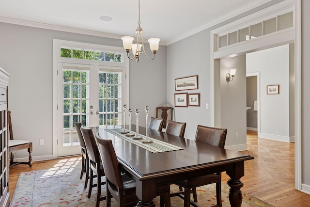 490 Old Long Lake Rd, Orono, MN 55391 - dining area with baseboards, french doors, ornamental molding, and a chandelier
