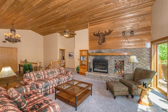 8744 Interlachen Rd, Lake Shore, MN 56468 - living room with high vaulted ceiling, a chandelier, carpet flooring, wood ceiling, and a ceiling fan