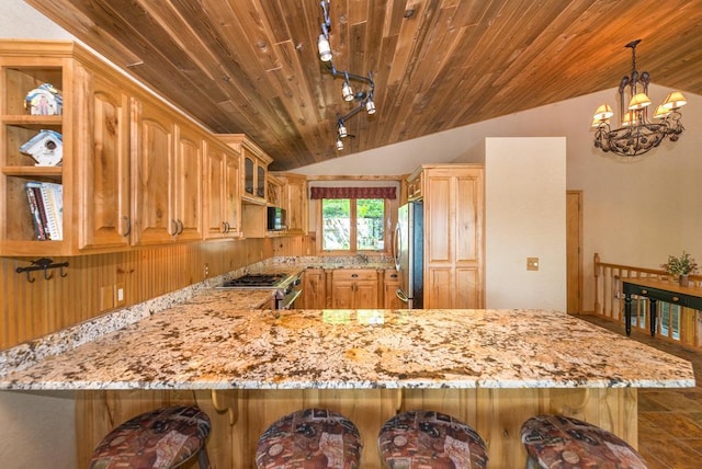 8744 Interlachen Rd, Lake Shore, MN 56468 - kitchen with stainless steel appliances, lofted ceiling, wood ceiling, open shelves, and a peninsula