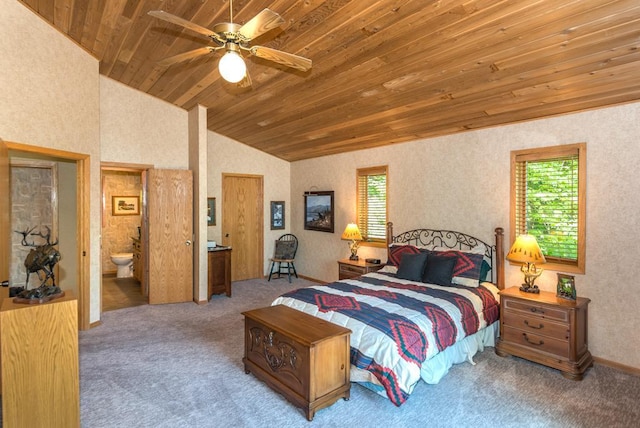 8744 Interlachen Rd, Lake Shore, MN 56468 - bedroom with wooden ceiling, lofted ceiling, carpet floors, and connected bathroom