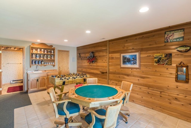 8744 Interlachen Rd, Lake Shore, MN 56468 - game room with wooden walls, recessed lighting, a baseboard radiator, light tile patterned floors, and bar area