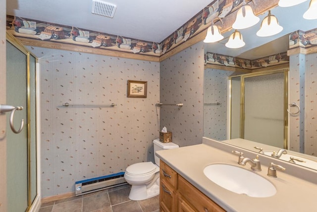 8744 Interlachen Rd, Lake Shore, MN 56468 - full bath with baseboard heating, wallpapered walls, a stall shower, toilet, and vanity