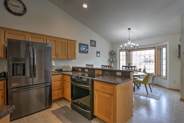 910 Shady Ridge Ln, Braham, MN 55006 - kitchen featuring stainless steel fridge, electric stove, a peninsula, a chandelier, and brown cabinetry