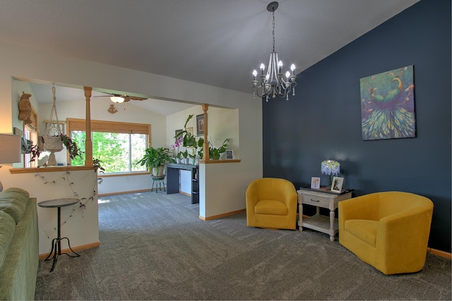 910 Shady Ridge Ln, Braham, MN 55006 - living area featuring lofted ceiling, baseboards, carpet flooring, a chandelier, and a ceiling fan