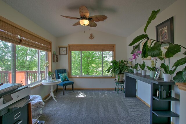 910 Shady Ridge Ln, Braham, MN 55006 - living area featuring plenty of natural light, lofted ceiling, ceiling fan, baseboards, and carpet flooring