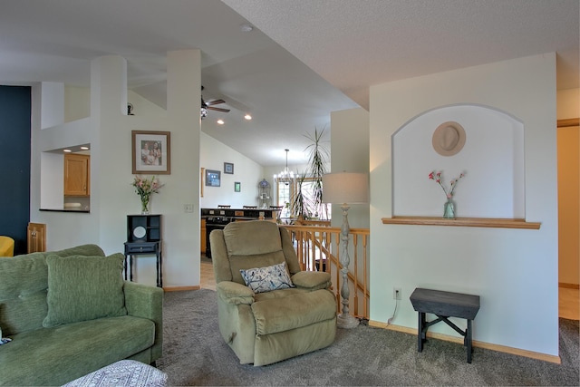 910 Shady Ridge Ln, Braham, MN 55006 - living room with a ceiling fan, a chandelier, carpet flooring, lofted ceiling, and baseboards