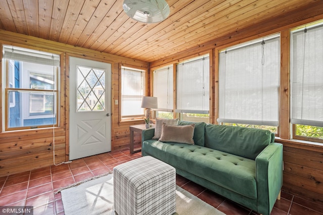 920 2nd St S, Stillwater, MN 55082 - sunroom featuring tile patterned flooring, an outdoor living space, wooden walls, and wooden ceiling