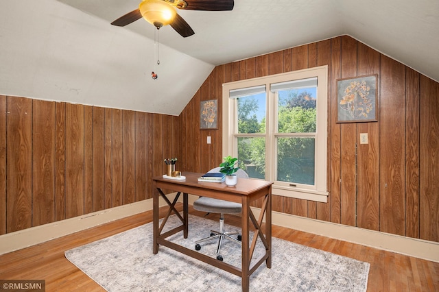 920 2nd St S, Stillwater, MN 55082 - office space with vaulted ceiling, wood walls, wood finished floors, and a ceiling fan