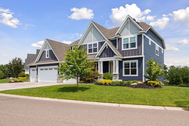 62 Rapp Farm Blvd, North Oaks, MN 55127 - craftsman house with board and batten siding, driveway, a front yard, and stone siding
