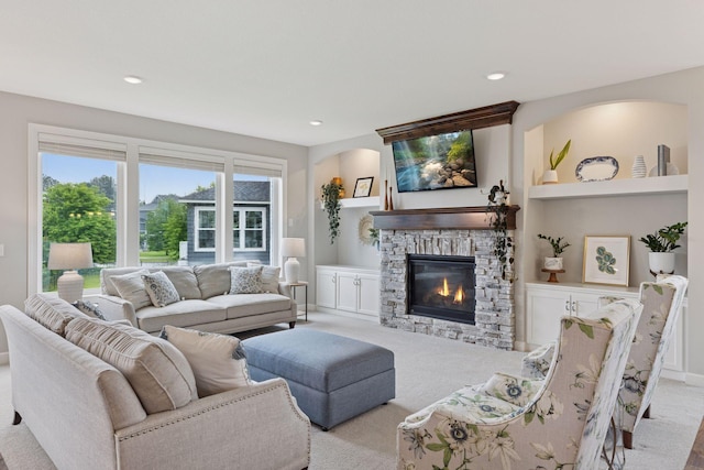 62 Rapp Farm Blvd, North Oaks, MN 55127 - living area with carpet floors, a fireplace, and recessed lighting