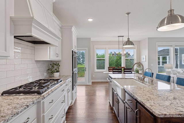 62 Rapp Farm Blvd, North Oaks, MN 55127 - kitchen with custom exhaust hood, stainless steel appliances, a sink, dark wood-type flooring, and white cabinets