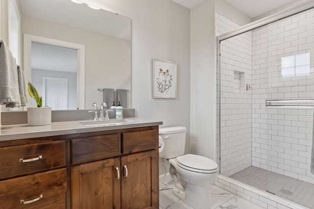 62 Rapp Farm Blvd, North Oaks, MN 55127 - bathroom with vanity, toilet, a stall shower, and marble finish floors