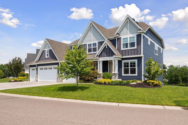 62 Rapp Farm Blvd, North Oaks, MN 55127 - craftsman-style home with board and batten siding, driveway, a front yard, and stone siding