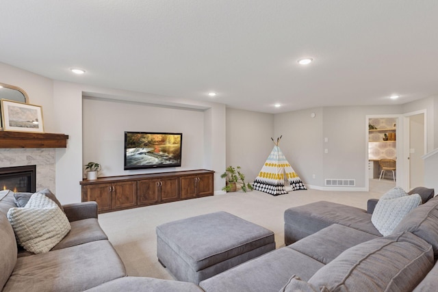 62 Rapp Farm Blvd, North Oaks, MN 55127 - living room featuring light colored carpet, recessed lighting, and a premium fireplace