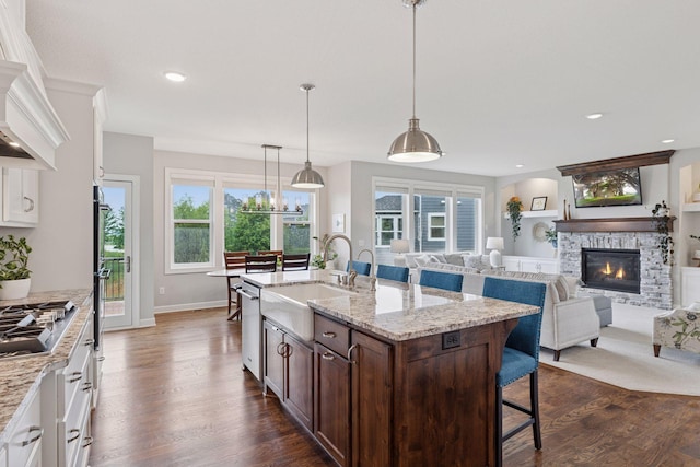62 Rapp Farm Blvd, North Oaks, MN 55127 - kitchen featuring stainless steel appliances, dark wood-type flooring, dark brown cabinets, a fireplace, and recessed lighting