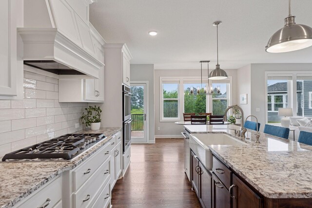 62 Rapp Farm Blvd, North Oaks, MN 55127 - kitchen featuring stainless steel appliances, premium range hood, dark wood-type flooring, white cabinetry, and decorative backsplash