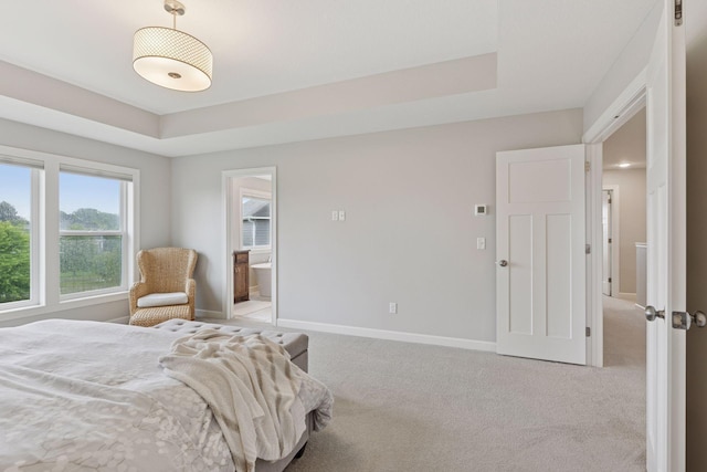 62 Rapp Farm Blvd, North Oaks, MN 55127 - bedroom featuring light colored carpet, ensuite bathroom, and a tray ceiling