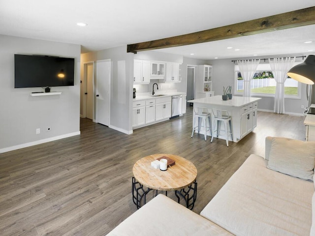 10308 Belmont Rd, Minnetonka, MN 55305 - living area featuring recessed lighting, baseboards, beam ceiling, and dark wood finished floors