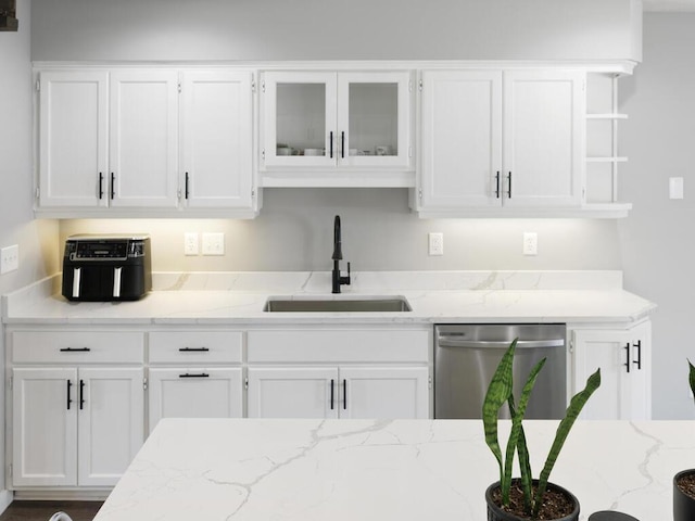 10308 Belmont Rd, Minnetonka, MN 55305 - kitchen with stainless steel dishwasher, a sink, white cabinetry, and open shelves