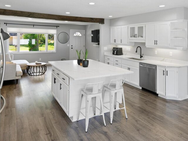 10308 Belmont Rd, Minnetonka, MN 55305 - kitchen with stainless steel dishwasher, a sink, open shelves, recessed lighting, and dark wood finished floors