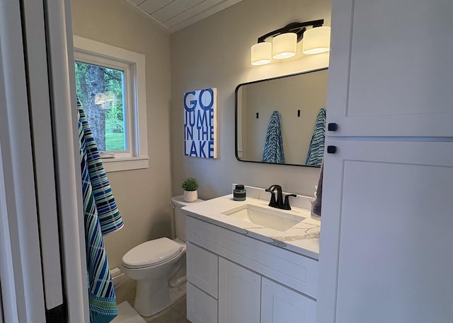 11445 State Highway 48, Trade Lake, WI 54853 - bathroom with toilet, vanity, and ornamental molding