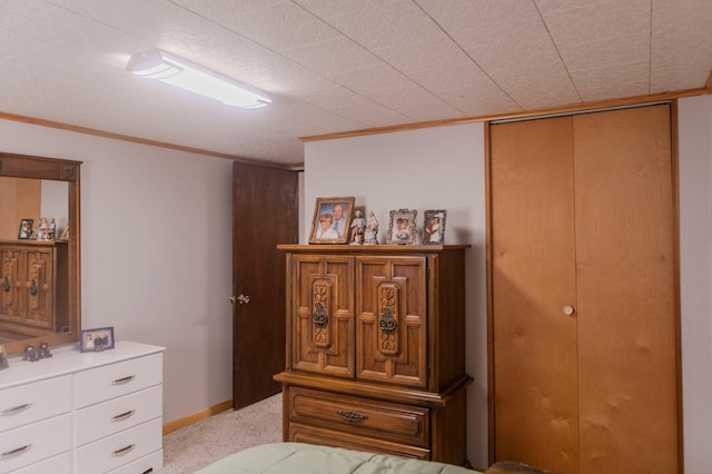 bedroom featuring light colored carpet and crown molding