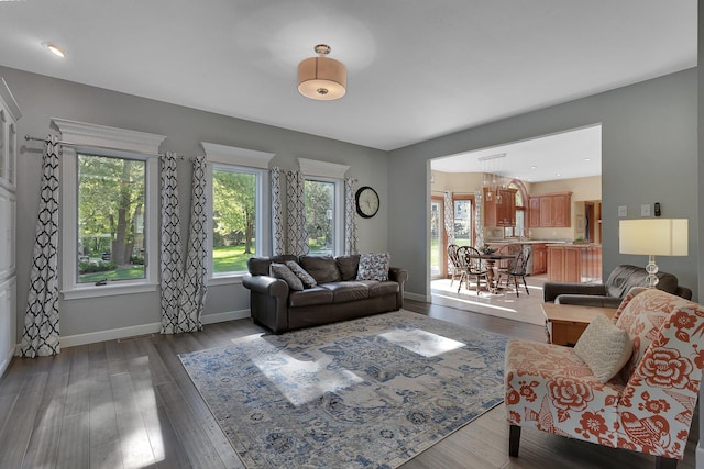 living area featuring wood finished floors and baseboards